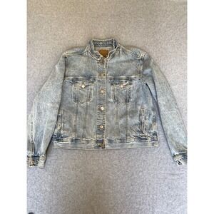 American Eagle Denim Jacket Womens XL Blue Light Wash Band Collar Trucker FRM